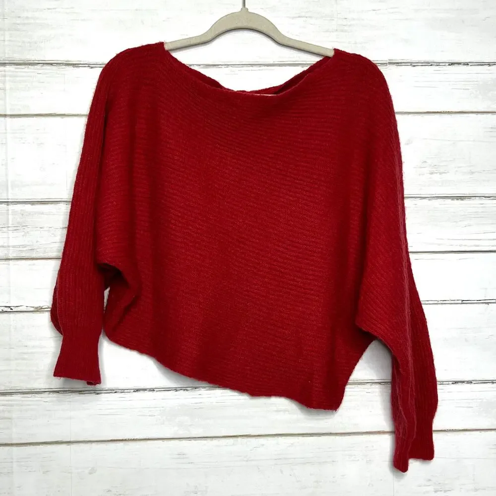 Free People Oversized Red Knit Sweater Slouchy Dolman Sleeves Size Medium